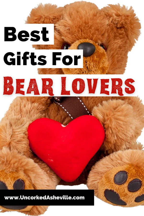 Bear Themed Gifts Pinterest pin with brown bear plush holding a red heart
