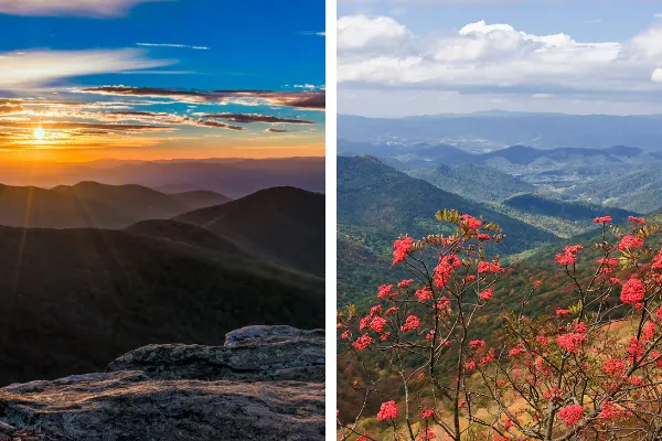 Fall hikes near Asheville NC Craggy gardens two pictures with fall foliage and November sunset