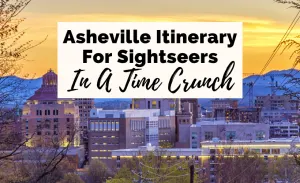 36 Hours In Asheville NC Itinerary with cityscape of downtown Asheville buildings and mountains