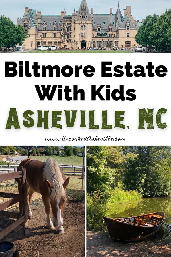 Things To Do At Biltmore Estate With Kids with pictures of Biltmore House, brown and white horse at Biltmore Farmyard and boat on Lagoon for fly fishing