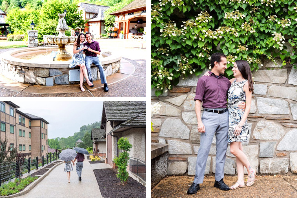 Asheville NC Living Biltmore Estate with white brunette male and female drinking wine by fountain in Antler Hill Village, walking with umbrellas, and posing for a picture