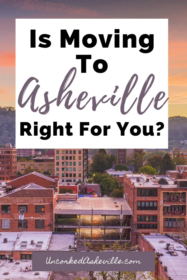 Living In Asheville NC Pinterest Pin with city of Asheville, North Carolina buildings and sun over purple mountains