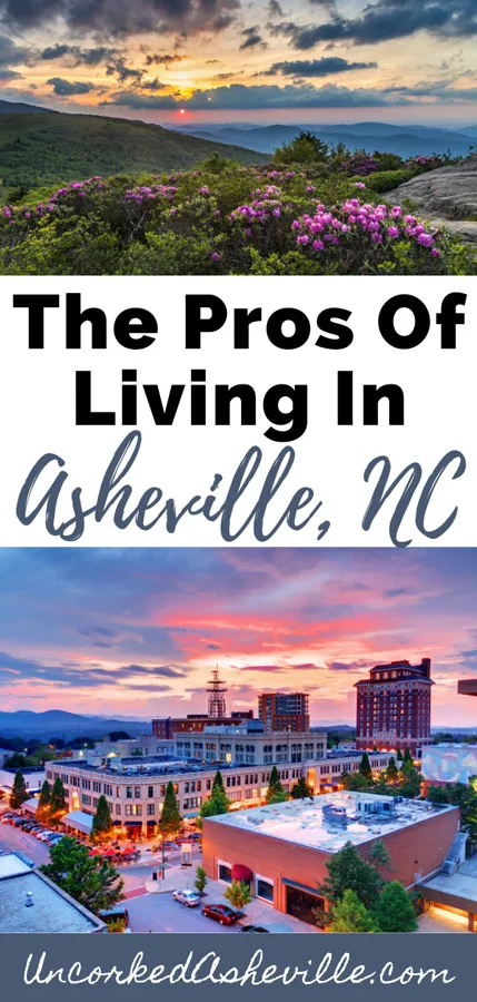 Pros and cons of living in Asheville, NC Pinterest pin with Blue Ridge Parkway and downtown Asheville cityscape at sunset