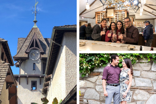 Best Things To Do At Biltmore Winery with clock tower, family wine tasting, and brunette white couple in Antler Hill Village