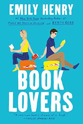 Book Lovers by Emily Henry book cover with illustrated man and woman sitting on suitcases swapping books with each other