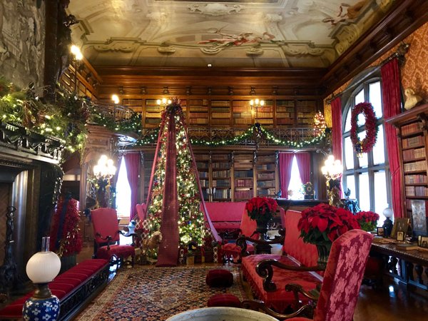 Biltmore Library Asheville NC at Christmas with old leather bound books and Christmas decorations like a tree