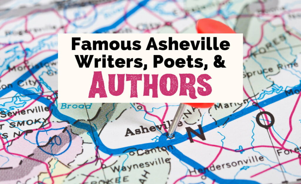 Famous Local Asheville Authors with map of North Carolina with red pin cushion in Asheville in