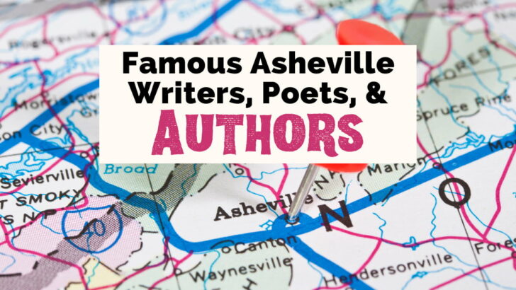 Famous Local Asheville Authors with map of North Carolina with red pin cushion in Asheville in