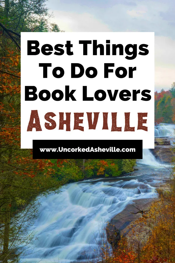 Literary Things To Do in Asheville For Book Lovers Pinterest Pin with triple falls - a three tiered waterfall - at DuPont State Forest in the fall