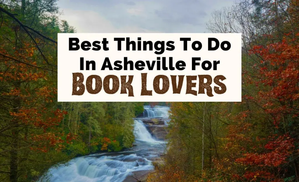 Literary Tourism Asheville For Book Lovers Itinerary with image of three-tied waterfall at DuPont State Forest, Triple Falls, which is where a scene from The hunger games was filmed. falls are surround by trees in vibrant red foliage colors