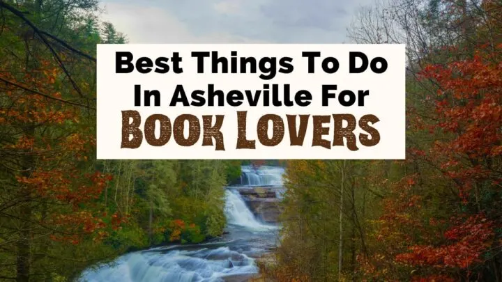 Literary Tourism Asheville For Book Lovers Itinerary with image of three-tied waterfall at DuPont State Forest, Triple Falls, which is where a scene from The hunger games was filmed. falls are surround by trees in vibrant red foliage colors