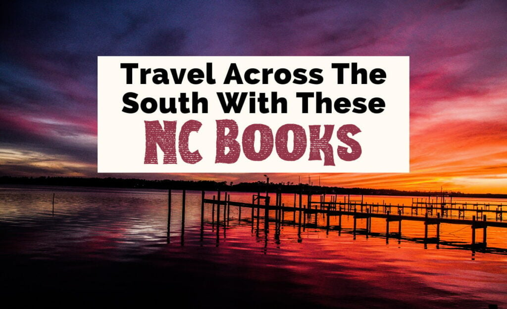Books About North Carolina with orange, purple, red, and yellow sunset over pier