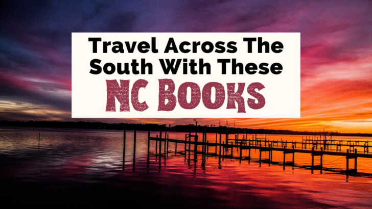 Books About North Carolina with orange, purple, red, and yellow sunset over pier