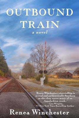 Outbound Train by Renea Winchester book cover with train tracks running through a small town