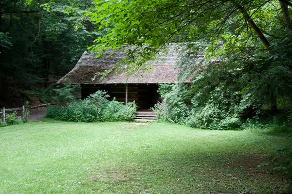 Hayes Cabin Asheville NC Botanical Garden surrounded by green trees