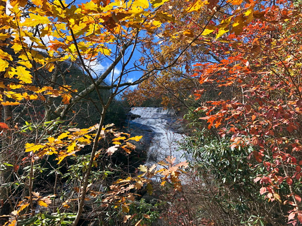 Lower or Second Falls at Graveyard Fields NC waterfall surrounded by colorful leaves