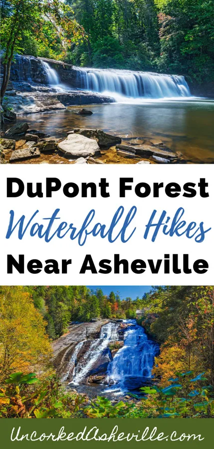 Amazing DuPont State Forest Waterfall Hikes and Trails Pinterest Pin with picture of Hooker Falls and Triple falls in the fall