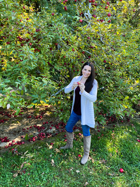 Hendersonville apple picking Coston Farm with white brunette woman in sweater and boots picking red Rome apples from apple tree