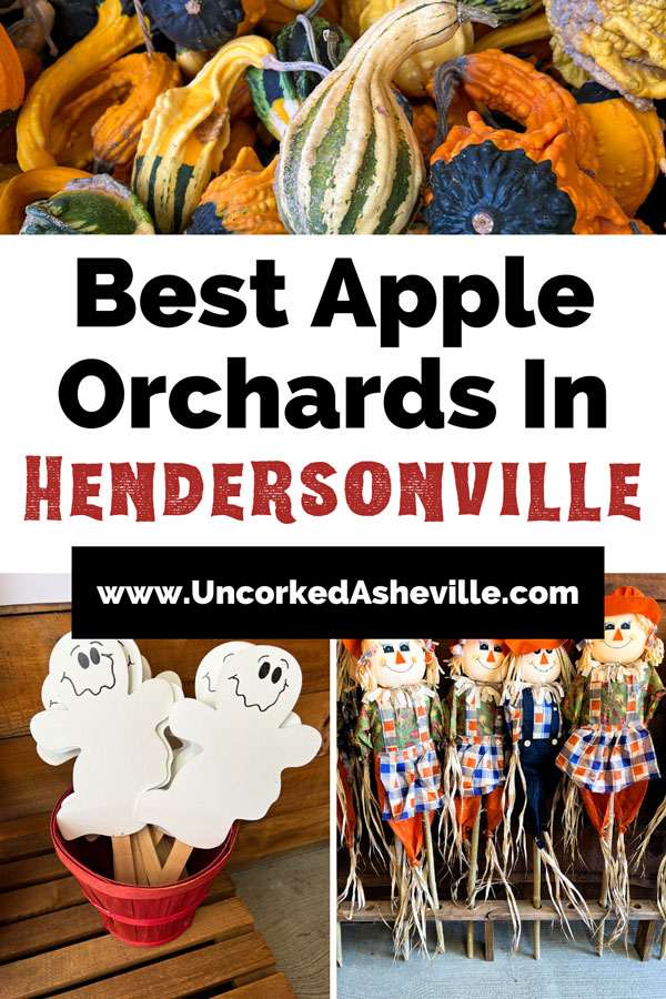 Hendersonville apple orchards near Asheville NC with three pictures of gourds, ghosts on yard stakes, and cute decorative scarecrows