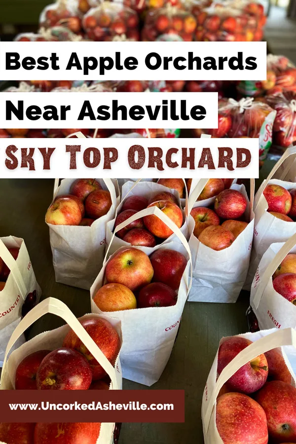 Sky Top Apple Orchard Flat Rock NC Pinterest pin with bags of red apples