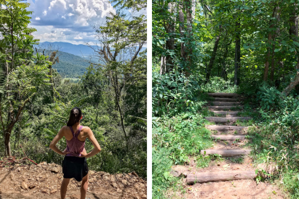 Asheville Hiking Moderate Trail Craven Gap two pictures with white brunette woman in hiking clothes looking at view of the Blue Ridge Mountains and second picture of forest stairs