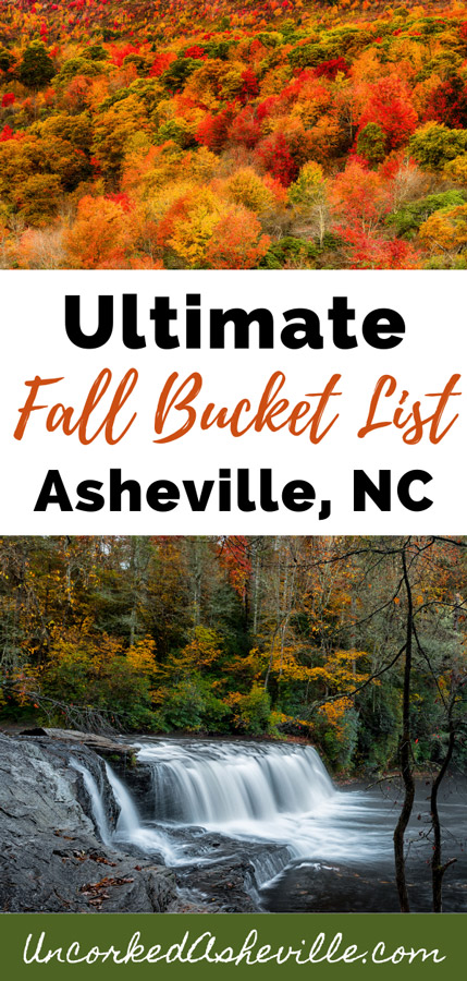 Asheville NC Fall Things To Do Pinterest Pin with fall foliage leaves and Hooker Falls at DuPont Forest in the fall