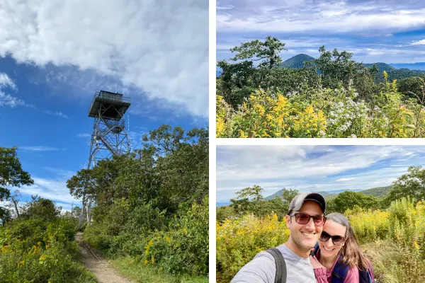 Fryingpan Lookout Tower and Hiking Trail with three pictures including Fryingpan Lookout Tower, white brunette male and female with yellow wildflowers and blue mountains in the background, and view of Mount Pisgah on the Blue Ridge Parkway