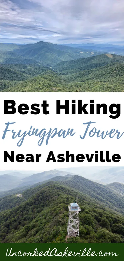 Fryingpan Mountain Tower Hike Near Asheville NC Pinterest Pin with two pictures of view from Fryingpan Lookout Tower and aerial view of Fryingpan Mountain Tower