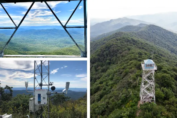 Fryingpan Mountain Trail Tower View with three pictures of weather station, aerial view of Fryingpan Lookout Tower, and views from Frying Mountain Tower