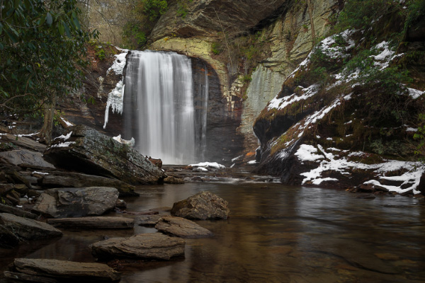 Looking Glass Falls in Winter with ice and snow