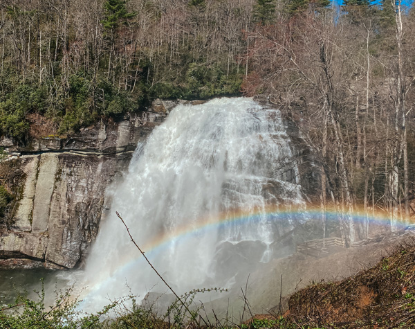 Rainbow Falls North Carolina with rainbow across 150 foot waterfall