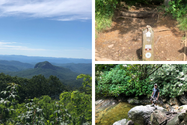 Skinny Dip Falls Blue Ridge Parkway North Carolina photo collage with pictures of Looking Glass Rock from Looking Glass Overlook, the Mountain to Sea Trailhead marking Skinny Dip Falls Hike, and the cliff jumping rock at Skinny Dip Falls