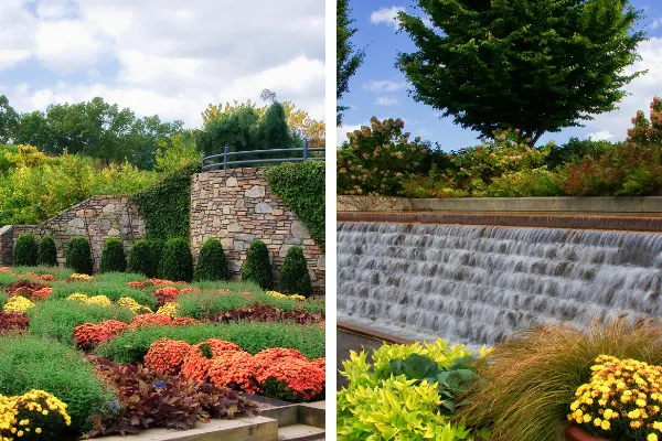 The NC Arboretum Asheville NC with two pictures; one of the fountain and the second of the quilt garden with colorful flowers