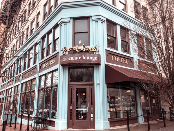 French Broad Chocolate Lounge blue and brown colored building in Pack Square Asheville North Carolina