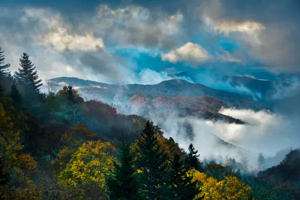 Great Smoky Mountains National Park with clouds and mist