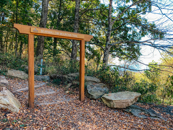 Bearwallow Mountain Trailhead with wooden sign and forest stairs