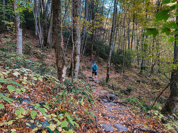 Trombatore hike in the fall with male wearing green backpack hiking