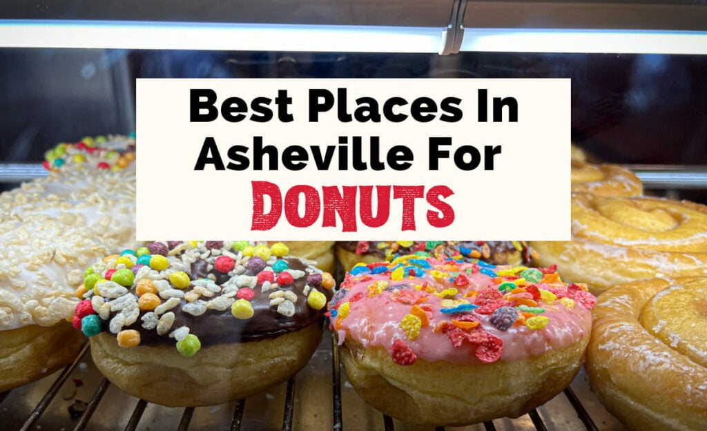 Best donuts in Asheville, NC featured photo with image of chocolate and strawberry frosting covered donuts from Ava's Donuts in glass display case on wire rack