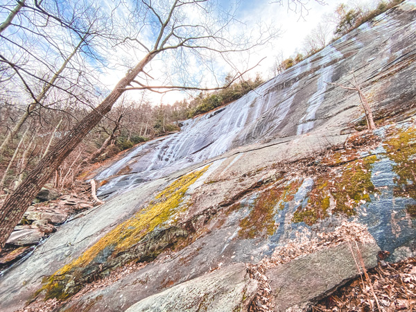 Asheville Winter Hikes Wildcat Rock Little Bearwallow Falls in Gerton with frozen waterfall