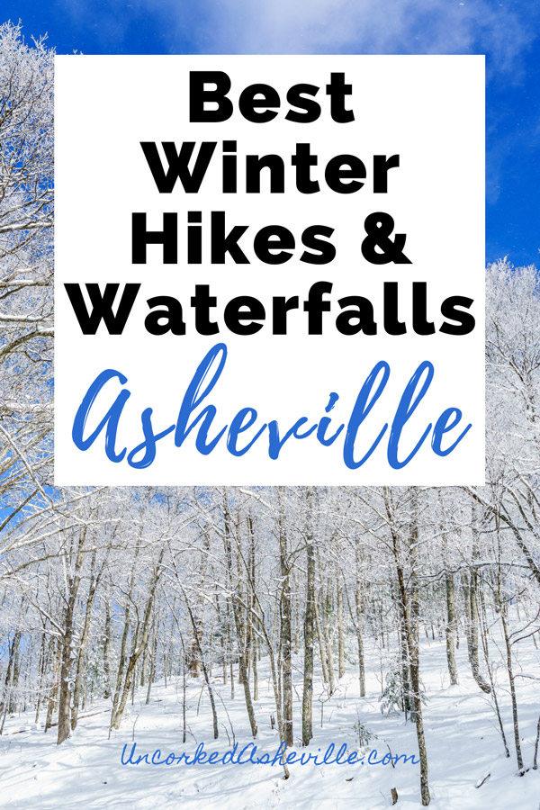 Best Winter Hikes and Waterfall Asheville Pinterest pin with Bearwallow Mountain covered in snow