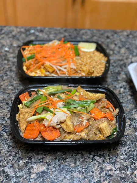 Suwana's Thai Orchid Asheville NC takeout containers with Pad Woon Sen and Pad Thai