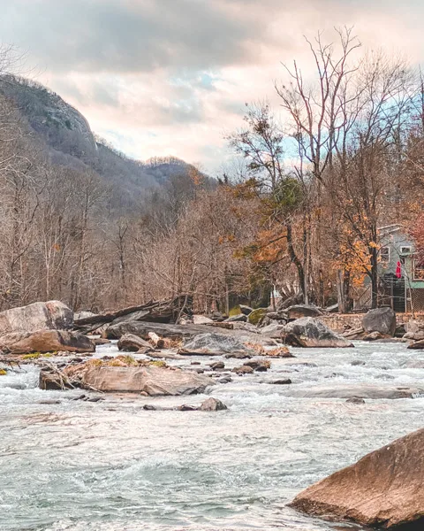 winter near Asheville Chimney Rock NC river at Hickory Nut Gorge Brewery