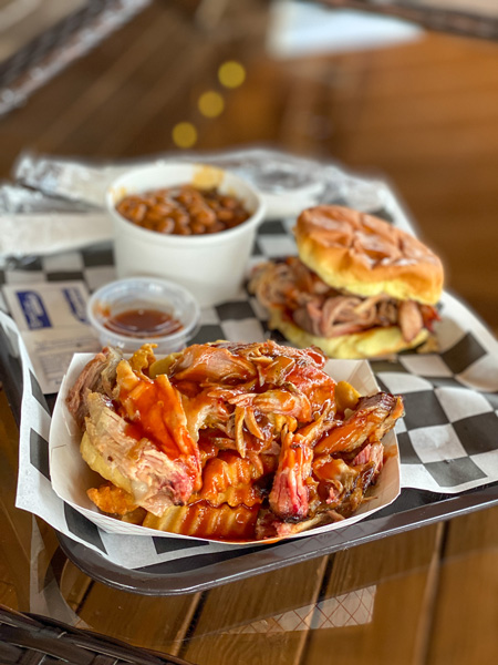 Carolina Ace BBQ Hendersonville Food Truck with bbq pulled pork fries and bbq pulled pork sandwich with baked beans