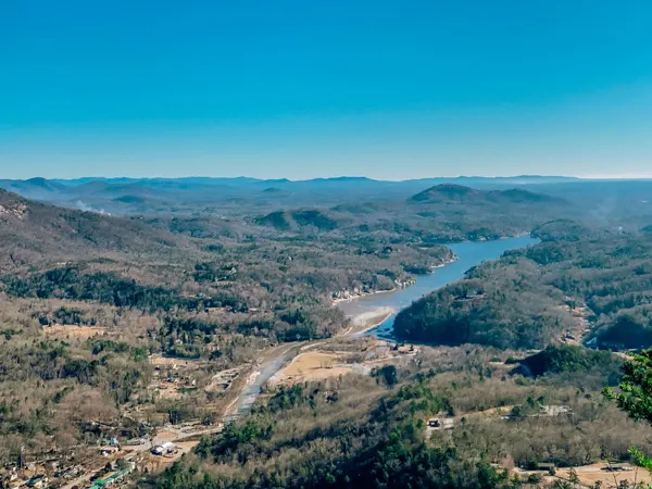 Chimney Rock View with town and lake below