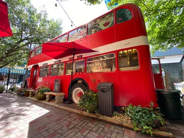 Double D's Coffee Asheville NC with vintage double-decker red bus that is a coffee shop with seating