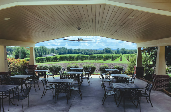 Hendersonville Winery Burntshirt Vineyards with tables overlooking vineyard