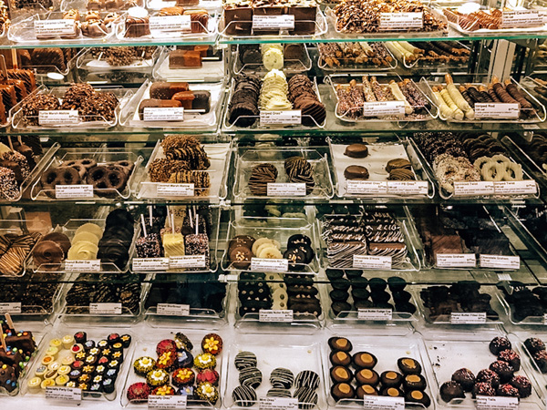 Kilwins Hendersonville Chocolate case filled with confections