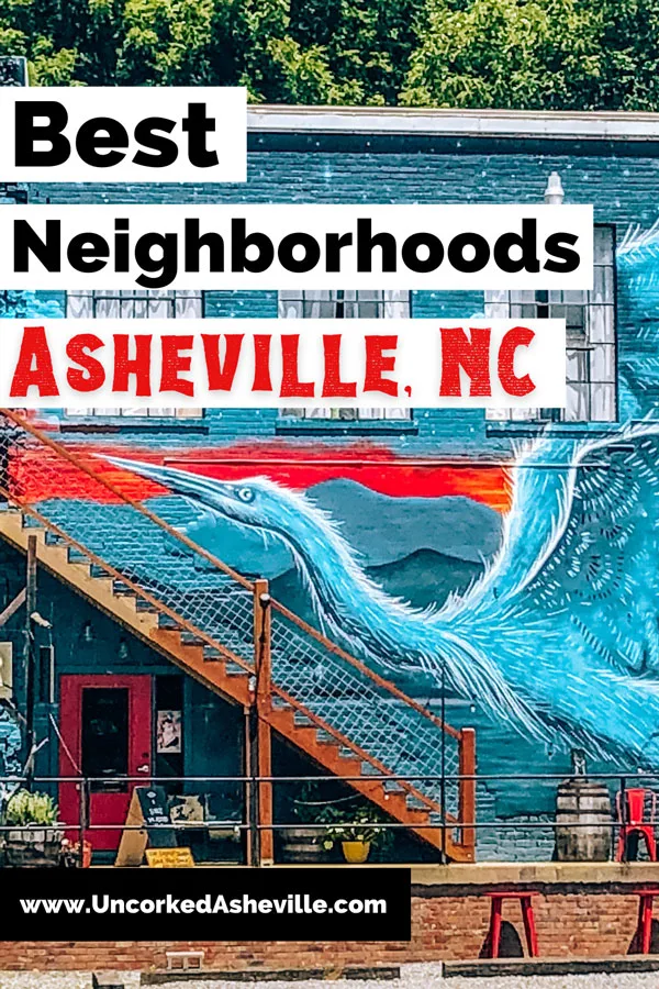 Asheville Neighborhoods Pinterest Pin with mural of blue heron on Cotton Mill Studios in River Arts District Asheville, NC