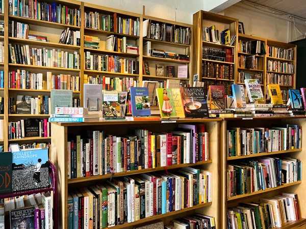 Bagatelle Books Asheville NC with tall and short brown bookshelves filled with books for all ages
