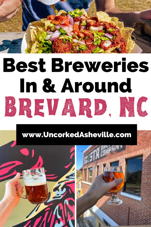 Brevard NC Breweries Pinterest pin with images of nachos from Oskar Blues Brewery, amber beer next to a colorful mural at Burning Blush Brewery, and orange amber beer in front of brick facade of Ecusta Brewing Company's taprooom